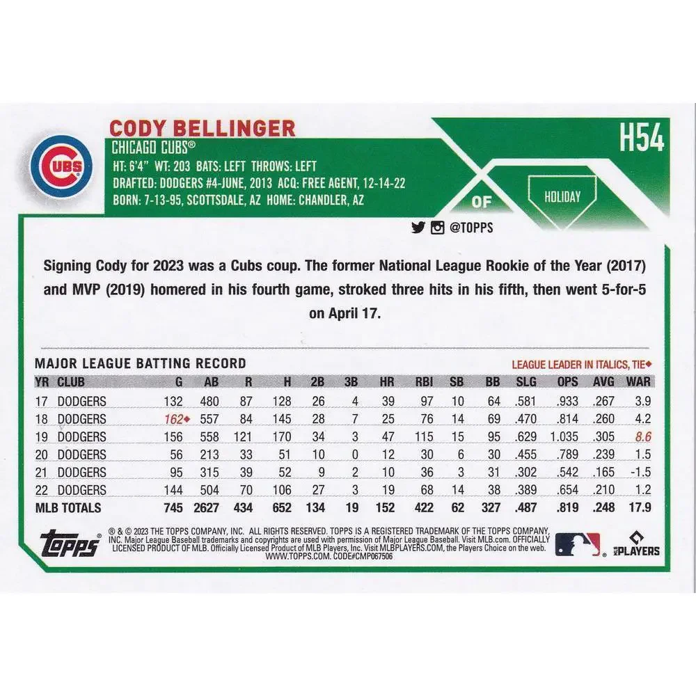 2023 Topps Holiday Cody Bellinger H54 Chicago Cubs